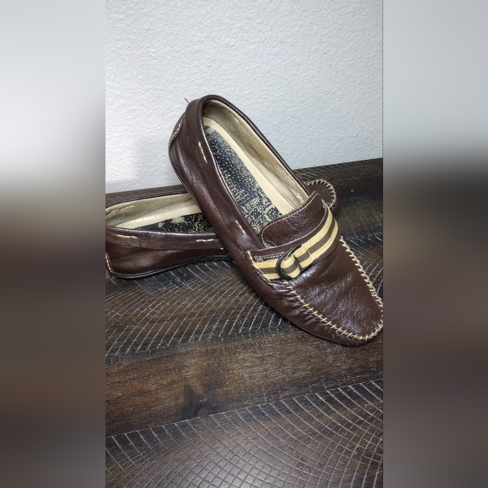 Steve Madden Brown Leather Loafers with Tan Stripes